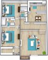 Three dimensional image of a two bedroom two bathroom floor plan
